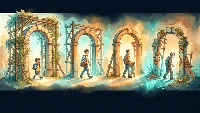 A person walking through life-stage archways — school, career, family — each with less support structure, the last archway crumbling — representing how ADHD feels worse with age