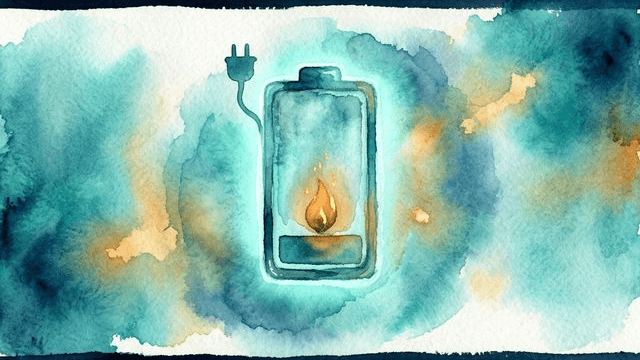 A near-empty battery with a tiny warm ember inside, beginning to reignite — representing ADHD burnout and the start of recovery
