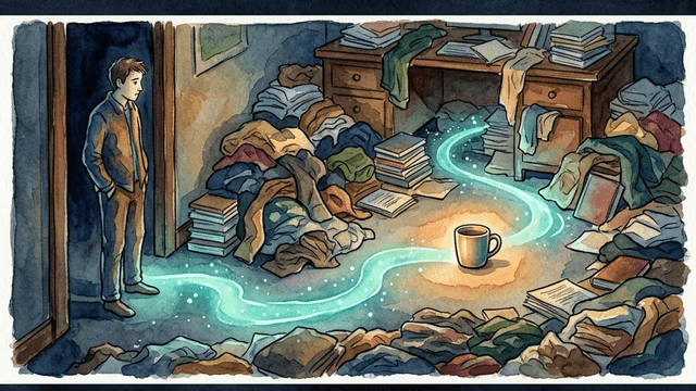 ADHD cleaning overwhelm — a glowing teal path leading to one small first step in a messy room