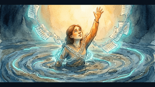 A person waist-deep in quicksand reaching toward golden light, wrapped in translucent chains made of to-do lists — representing ADHD feeling stuck