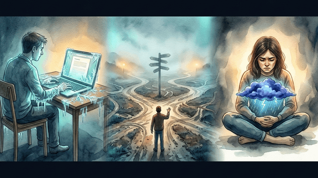 Three types of ADHD stuckness: task stuck at a frozen desk, life stuck at a foggy crossroads, and emotional stuck holding a storm cloud