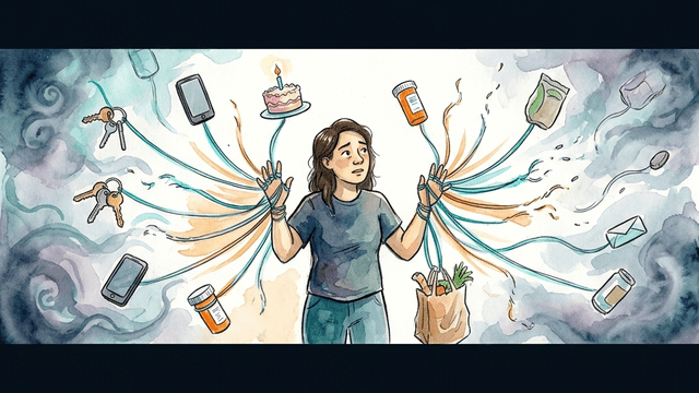 A person with dozens of translucent strings tied to their fingers, each string leading to a floating object — keys, phone, birthday cake, pill bottle — but many strings are fading and snapping, objects drifting away into fog