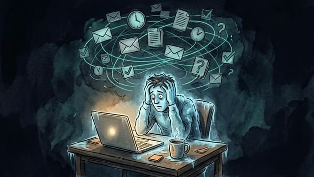 A person frozen at their desk at night, overwhelmed by swirling task icons — illustrating ADHD paralysis
