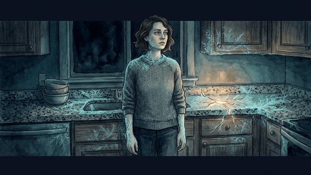 A person frozen in a dimly lit kitchen with frost patterns creeping across surfaces and a warm golden light cracking through — representing ADHD freeze shutdown