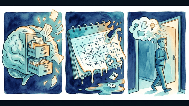 Three panels showing three types of ADHD memory failure: a brain with a filing cabinet overflowing, a calendar melting, and a person walking through a doorway as their thought bubble evaporates