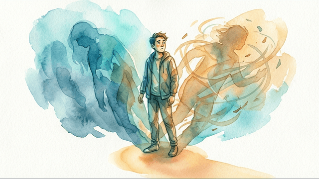 A person standing between two overlapping shadows — one blue representing depression, one amber representing ADHD restlessness
