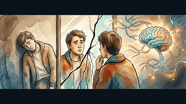 A person looking into a cracked mirror — one side shows laziness, the other shows a struggling brain with tangled neural pathways