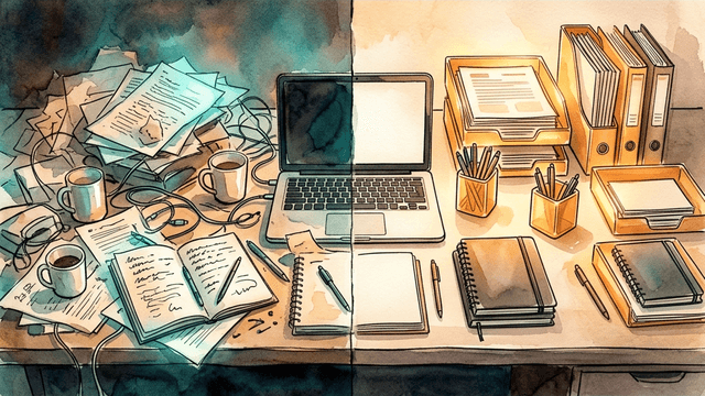 A desk split between chaos and organization — scattered papers on one side, clean ordered workspace on the other