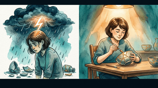 A person moving from a storm with broken objects to carefully mending a cracked bowl with gold lacquer kintsugi style — representing the repair cycle after ADHD emotional outbursts
