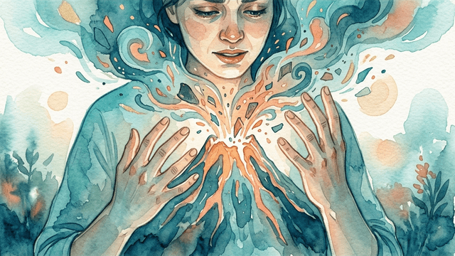 A person with a volcano erupting from inside their chest, emotions swirling upward in teal and coral — representing ADHD emotional outbursts