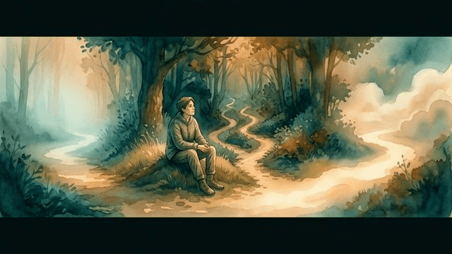 A person frozen at a crossroads with three paths representing task paralysis, choice paralysis, and mental overwhelm