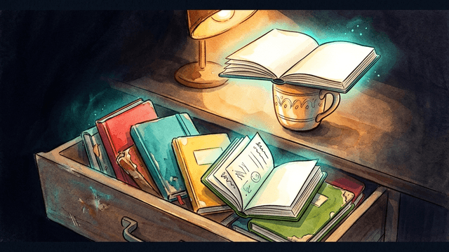 A drawer full of abandoned planners, with one placed on a coffee mug under warm amber light — the anchoring habit