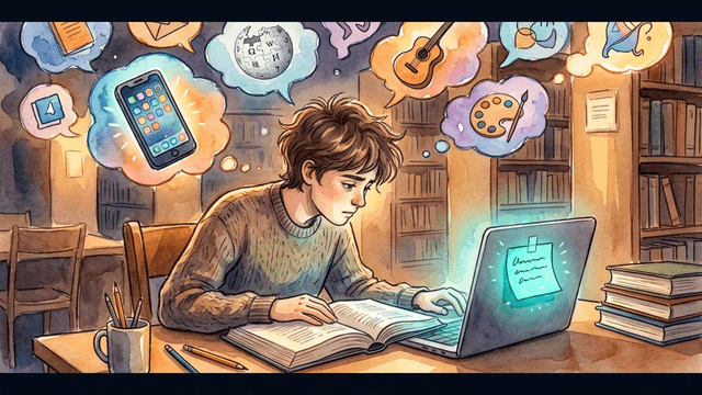 ADHD student distracted by thought bubbles but grounded by a glowing teal sticky note on laptop