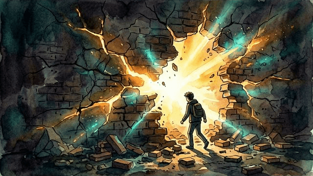 A cracked wall with light streaming through the gaps, symbolizing breaking through the Wall of Awful — ADHD task paralysis breakthrough