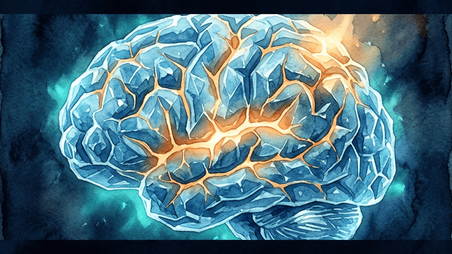 A frozen brain made of blue crystalline ice with warm golden cracks spreading across its surface — representing the ADHD thaw moment