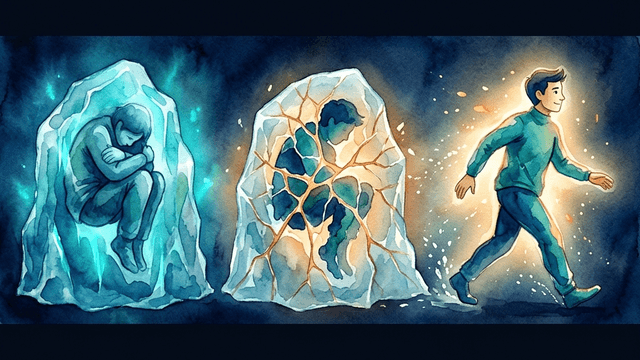 Three stages of an ADHD thaw: a person frozen in ice, the ice cracking with warm light, and the person stepping forward freely