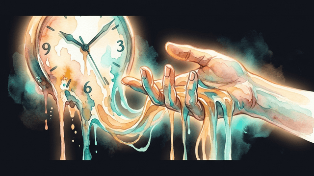 A melting clock dissolving into watercolor while a hand reaches to grasp it