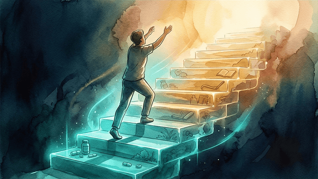 A person climbing a staircase of translucent glowing treatment layers, from teal medication steps to warm gold therapy and tools — representing ADHD paralysis treatment