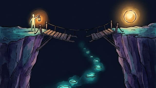 A broken bridge with glowing stepping stones below — the ADHD executive dysfunction metaphor