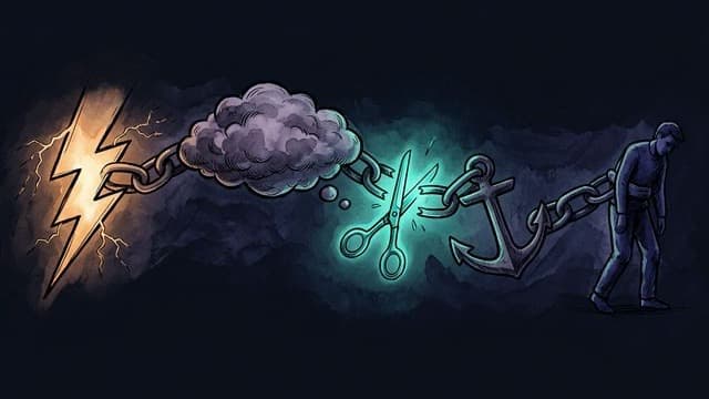 A chain from trigger to frozen person — with glowing scissors cutting the link, representing CBT intervention