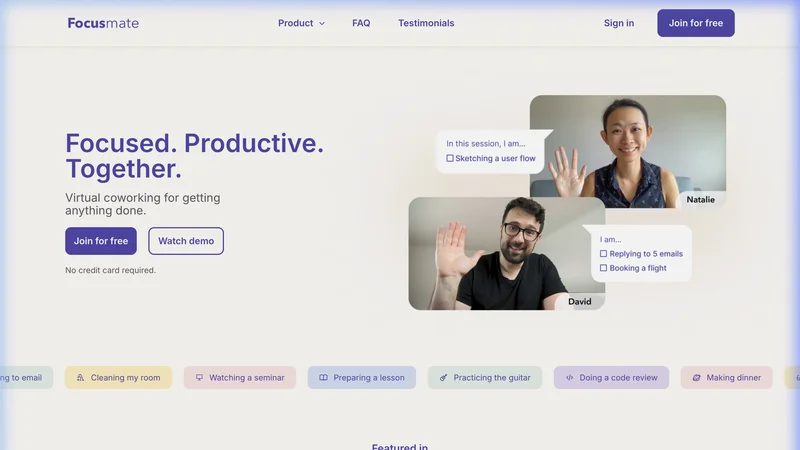 Focusmate virtual coworking interface