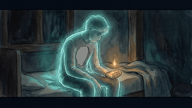 A person outlined in teal light sitting on a bed with a gray void in their chest and a single warm golden spark near their hand
