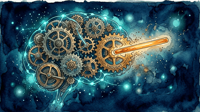 Watercolor profile of a head showing clockwork gears in the prefrontal cortex area
