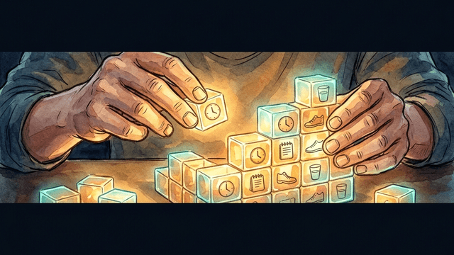 Hands building a half-finished structure from glowing translucent building blocks with strategy symbols — representing practical executive dysfunction management