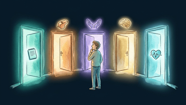 Five glowing doorways representing different therapy approaches — CBT, coaching, OT, DBT, and somatic therapy