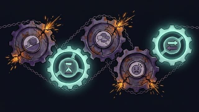 Five interconnected gears — some broken, some barely turning — representing the executive functions that fail in ADHD