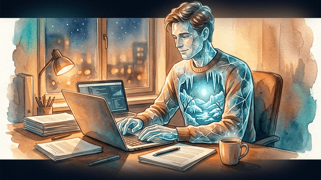 A person sitting at a desk appearing productive, but their body is translucent glass revealing a frozen internal landscape — representing functional freeze