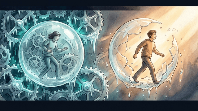 A person stepping out of a cracked glass bubble surrounded by frozen gears into warm golden light — representing breaking free from functional freeze