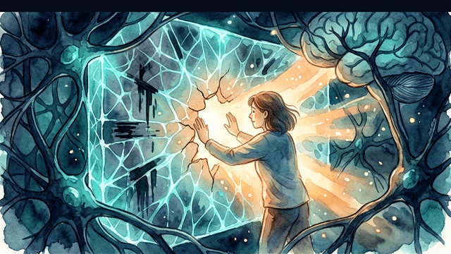 A person pushing through a crack in a glowing neural wall with warm amber light streaming through