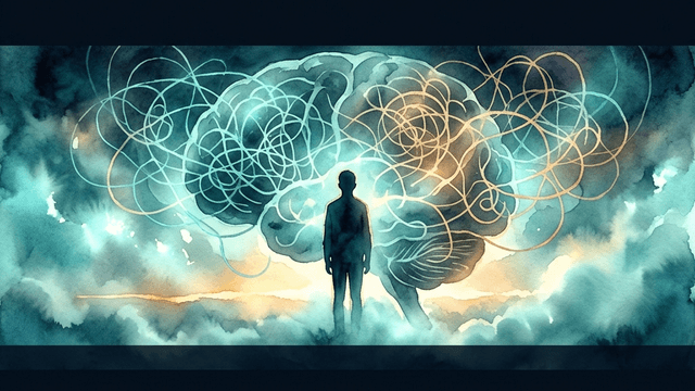 A person standing frozen inside a luminous fog within their own mind, with tangled thought threads suspended mid-air and a warm golden crack of light at the horizon