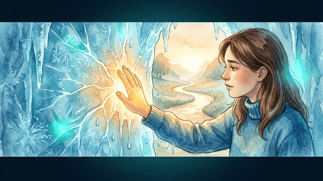 A person touching a frozen wall of ice that cracks and melts from their warm touch, revealing a peaceful path — representing breaking through mental paralysis
