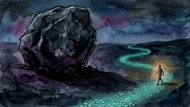 A massive dark boulder contrasted with a glowing path of tiny stepping stones — the micro-step bypass