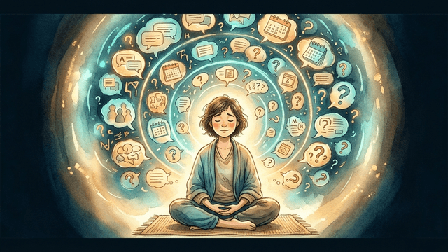 A person sitting cross-legged surrounded by spiraling thought bubbles containing conversations and question marks — representing ADHD overthinking