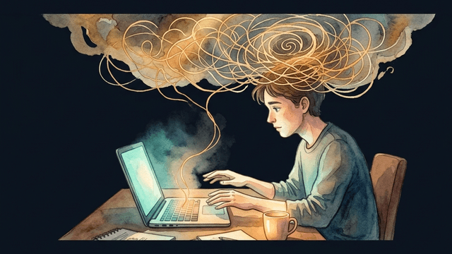 A person at a desk with hands hovering frozen above a keyboard, tangled golden anxiety threads swirling above their head — representing paralyzing anxiety