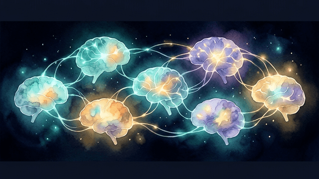 Seven translucent brain silhouettes arranged in an arc, each glowing with different teal, amber, and violet light patterns — representing the 7 types of ADHD
