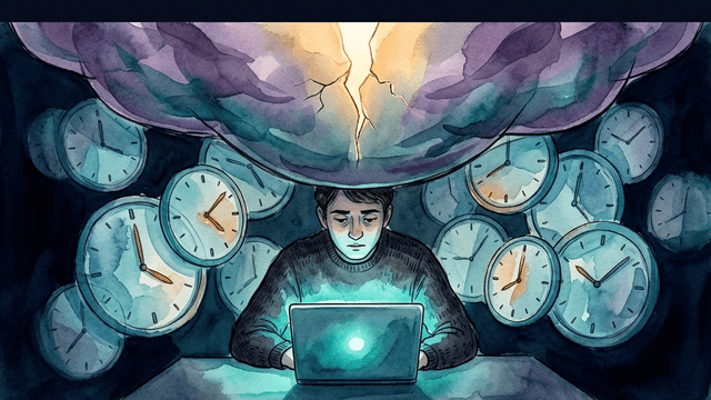 A person at a desk surrounded by floating clock faces with translucent pressure weighing down on them — a crack of golden light breaks through above
