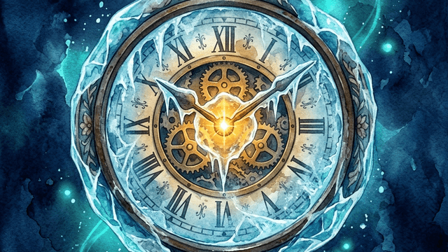 Watercolor illustration representing a clock frozen in ice, with a spark trying to melt it