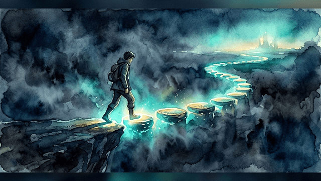 Watercolor showing a person stepping onto a glowing path of stepping stones out of a dark foggy abyss