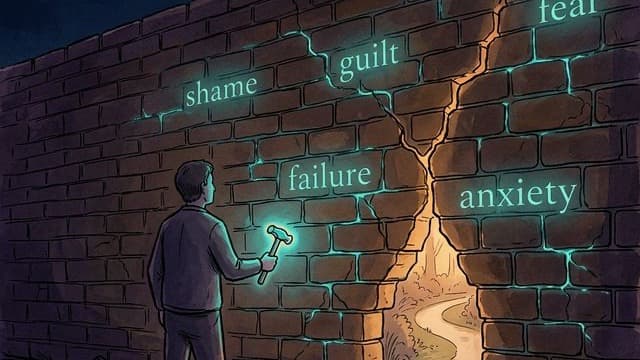 A person facing a tall brick wall of shame, guilt and failure — the Wall of Awful in ADHD