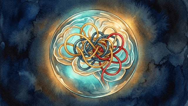 A brain illustrated as a transparent glass sphere with three intertwined gold, blue-grey, and red threads tangled together — representing ADHD, depression, and anxiety comorbidity