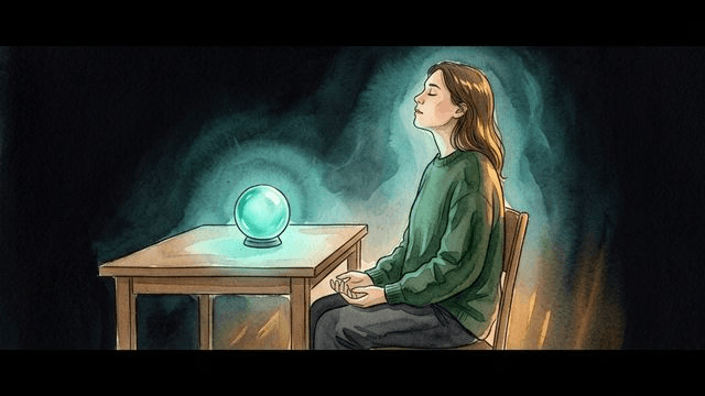 A person in a calm, decluttered space, having cleared their desk down to a single item, with peaceful breathing