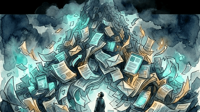 A person standing at the base of a massive mountain of floating tasks, papers, and notifications — representing ADHD overwhelm