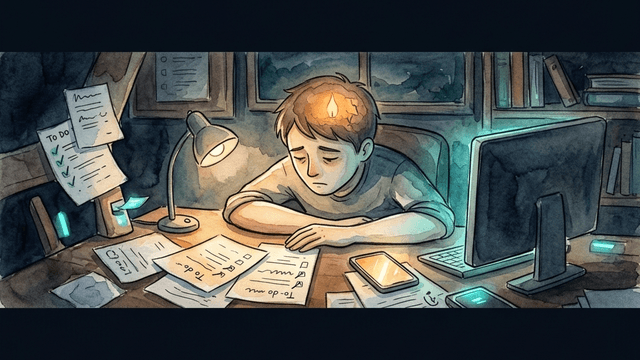 A person at a desk with their head slowly dimming like a computer powering down, a weak amber light flickering inside — representing ADHD shutdown