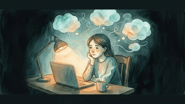 A person frozen at a desk, staring at a glowing screen, surrounded by swirling abstract thoughts — representing ADHD task paralysis