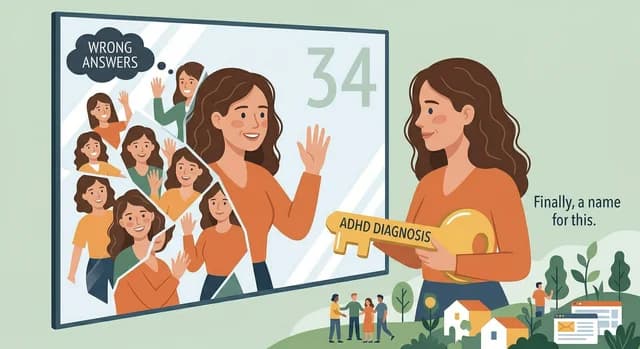 A woman holding an ADHD diagnosis key, looking at her mirror reflection that shows years of wrong answers — finally finding a name for what she's been struggling with