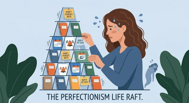 A woman anxiously building an elaborate tower of calendars, notebooks, reminders and alarms — the perfectionism life raft that barely keeps her afloat